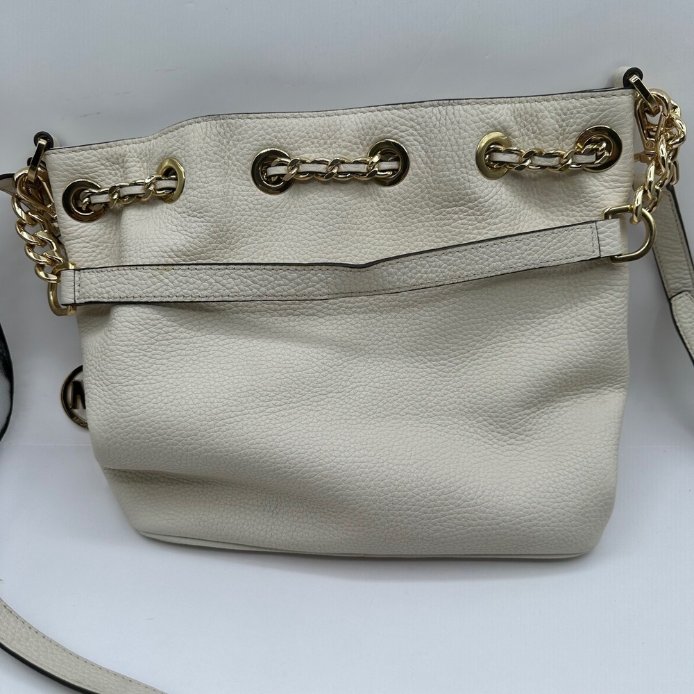 Michael Kors White Leather Drawstring Bucket Bag Gold Chain Shoulder Strap - Picture 10 of 14